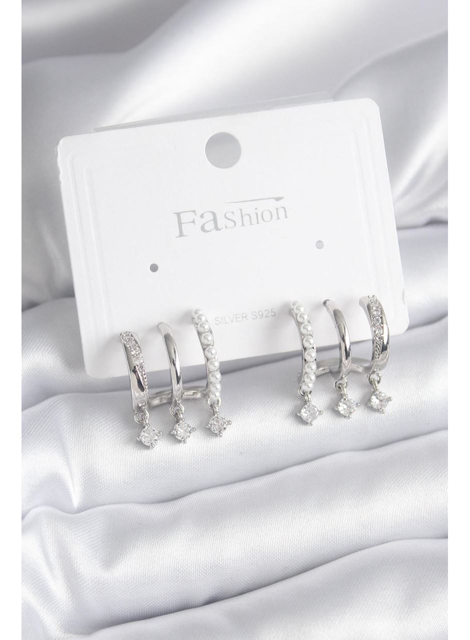 Pirinç Gümüş Renk Zirkon Taş Detay İncili Kadın Küpe