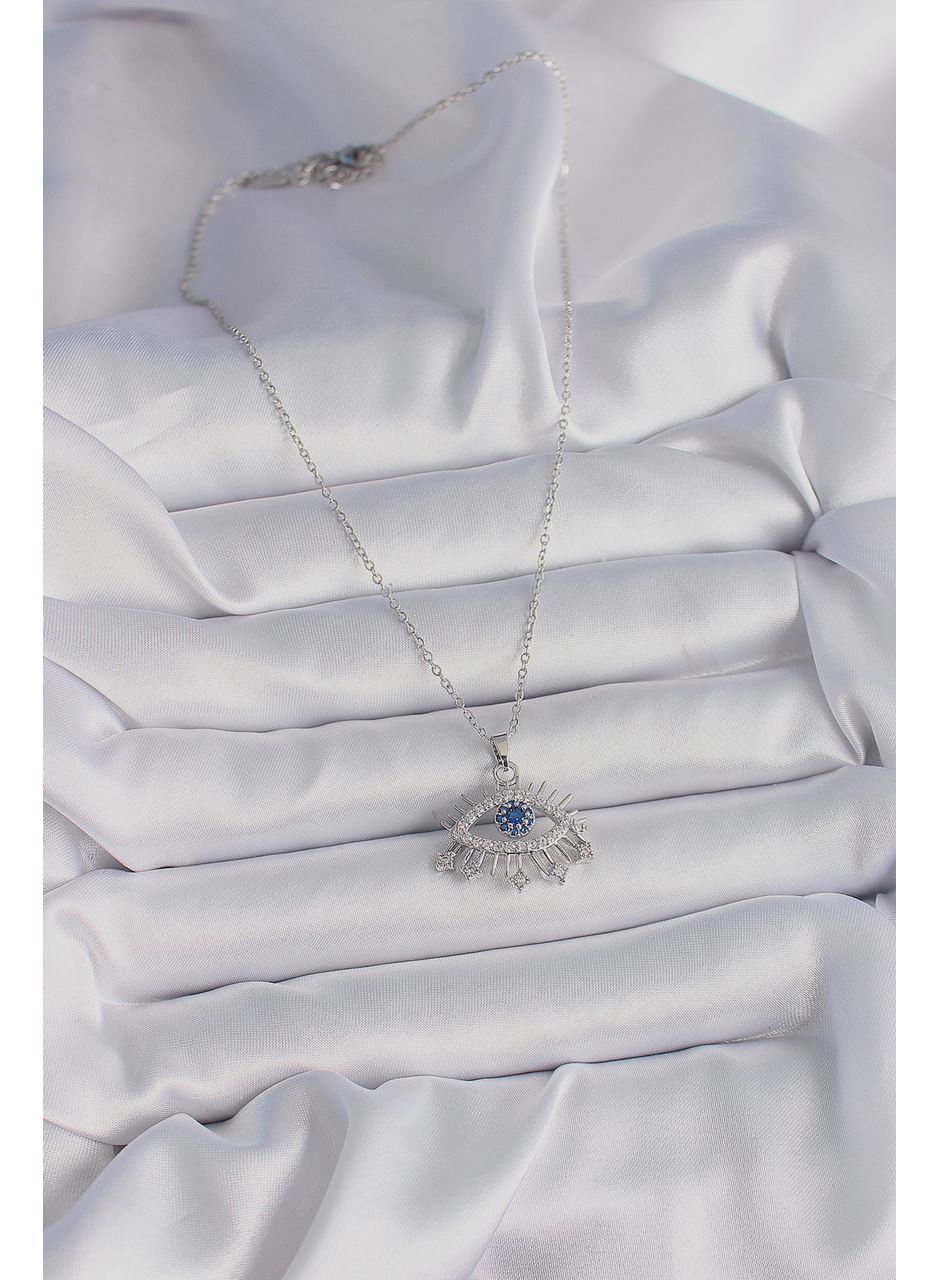 316L Çelik Gümüş Renk Zincir Zirkon Taşlı Göz Model Kadın Kolye