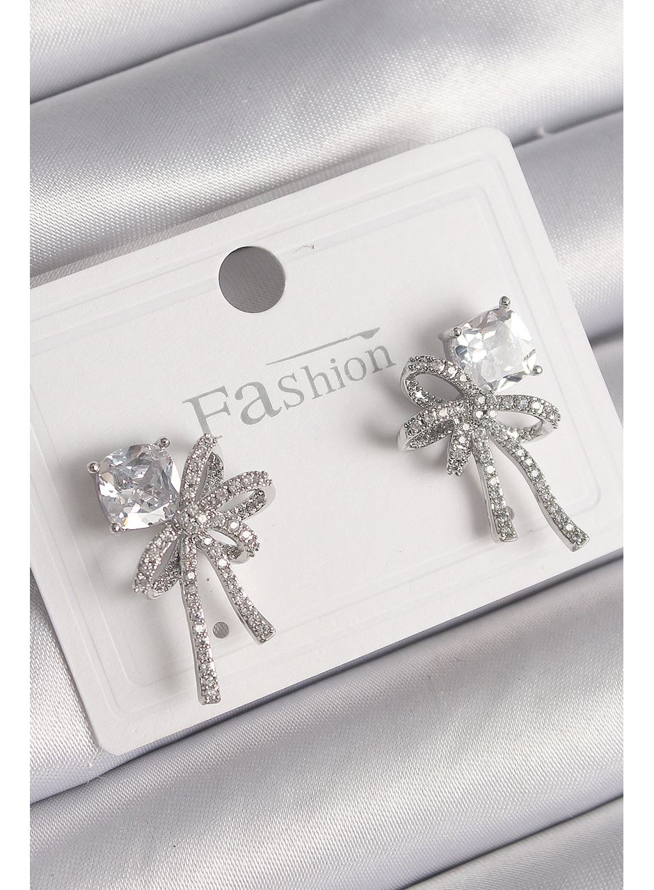 Pirinç Gümüş Renk Zirkon Taşlı Kurdele Model Kadın Küpe