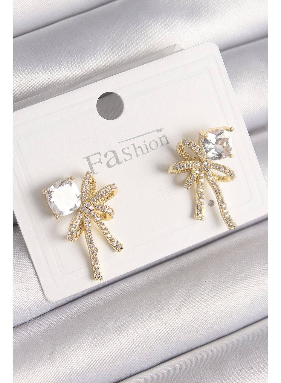 Pirinç Gold Renk Zirkon Taşlı Kurdele Model Kadın Küpe