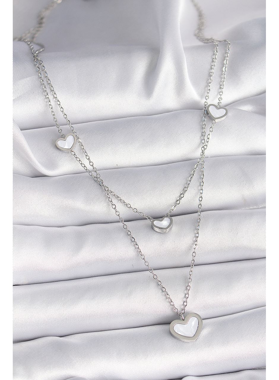 316L Çelik Gümüş Renk Zincir 2'Li Zincir Kalp Model Kadın Kolye