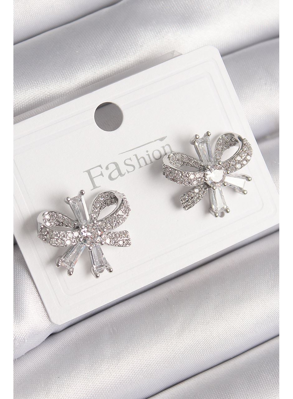 Pirinç Gümüş Renk Zirkon Taşlı Fiyonk Model Kadın Küpe