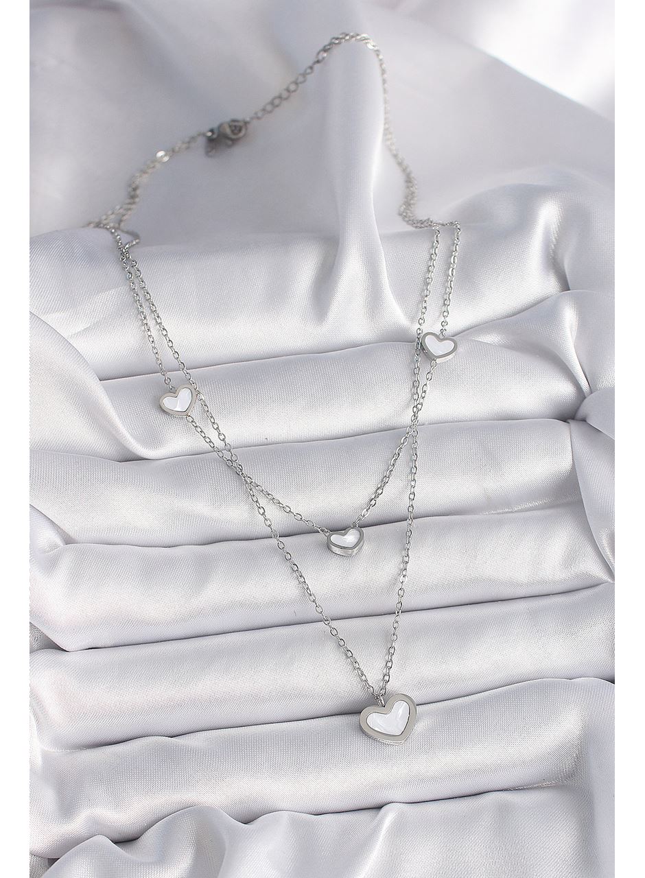 316L Çelik Gümüş Renk Zincir 2'Li Zincir Kalp Model Kadın Kolye