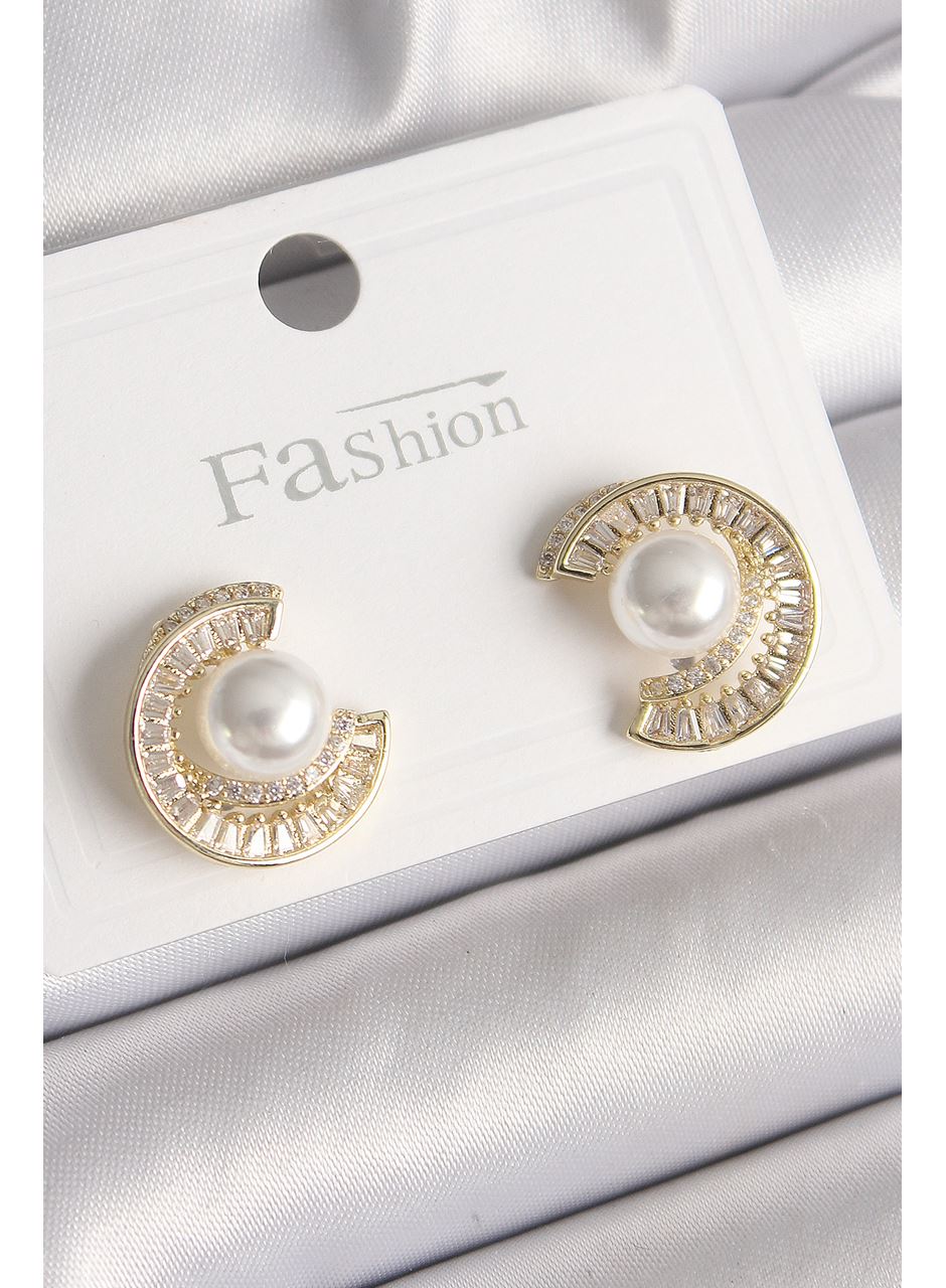 Pirinç Gold Renk Zirkon Taşlı Salyangoz Model İnci Detay Kadın Küpe