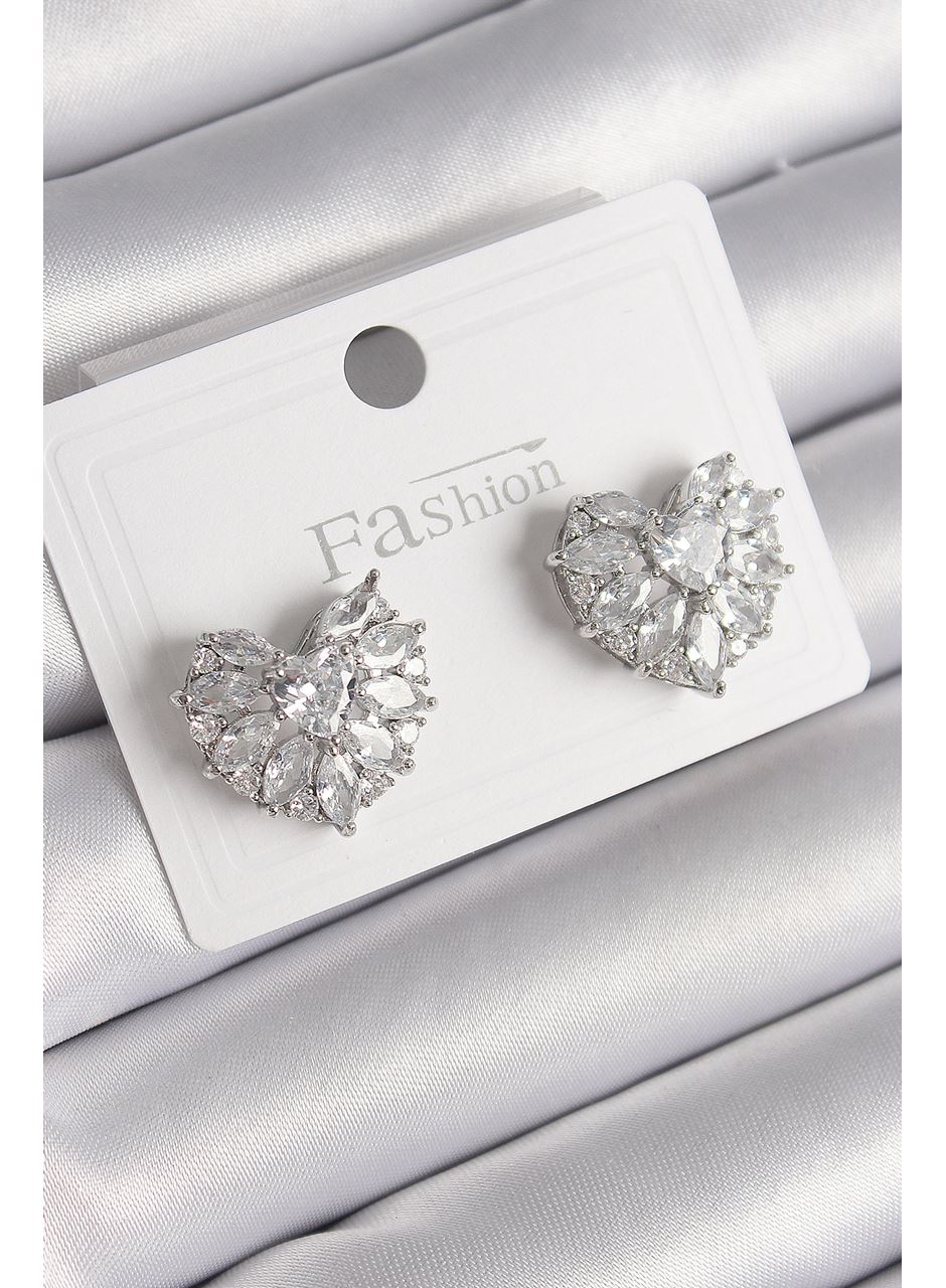 Pirinç Gümüş Renk Zirkon Taşlı Kalp Model Kadın Küpe