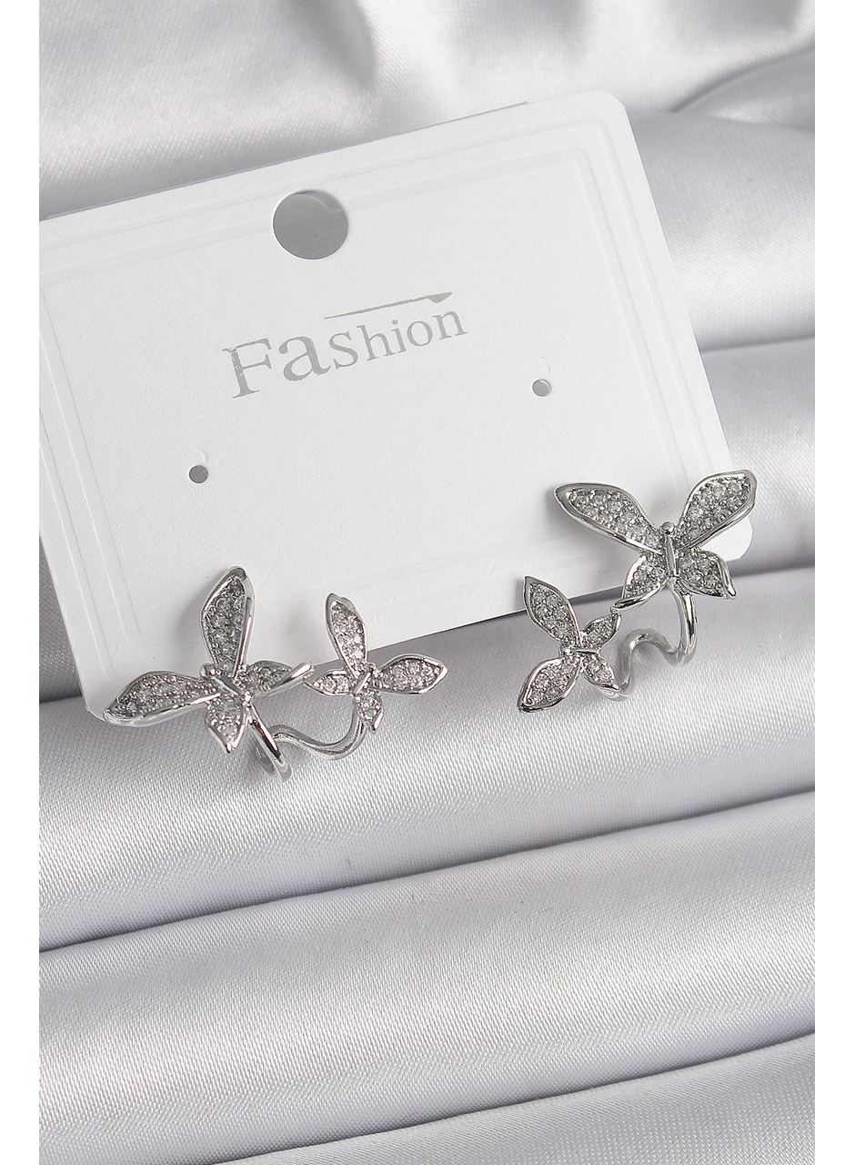 Pirinç Gümüş Renk Zirkon Taşlı Kelebek Model Kadın Küpe