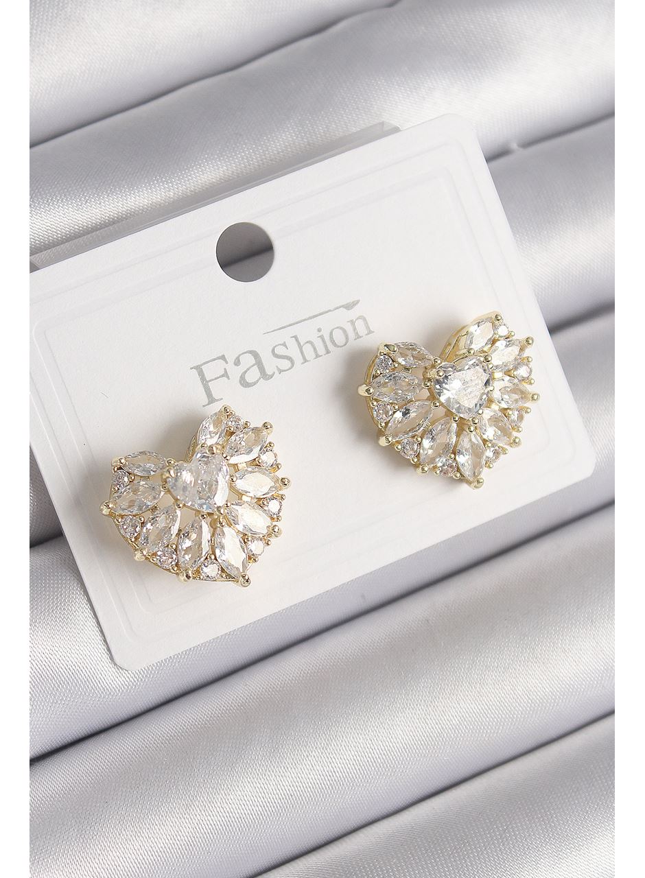 Pirinç Gold Renk Zirkon Taşlı Kalp Model Kadın Küpe