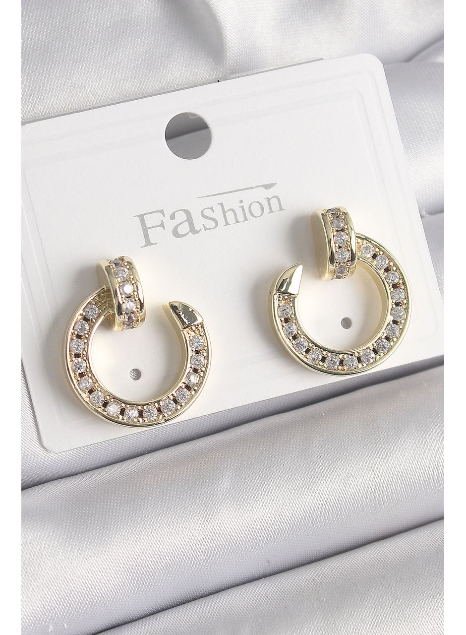 Pirinç Gold Renk Zirkon Taşlı Çivi Halka Model Kadın Küpe