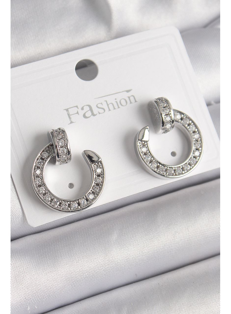 Pirinç Gümüş Renk Zirkon Taşlı Çivi Halka Model Kadın Küpe