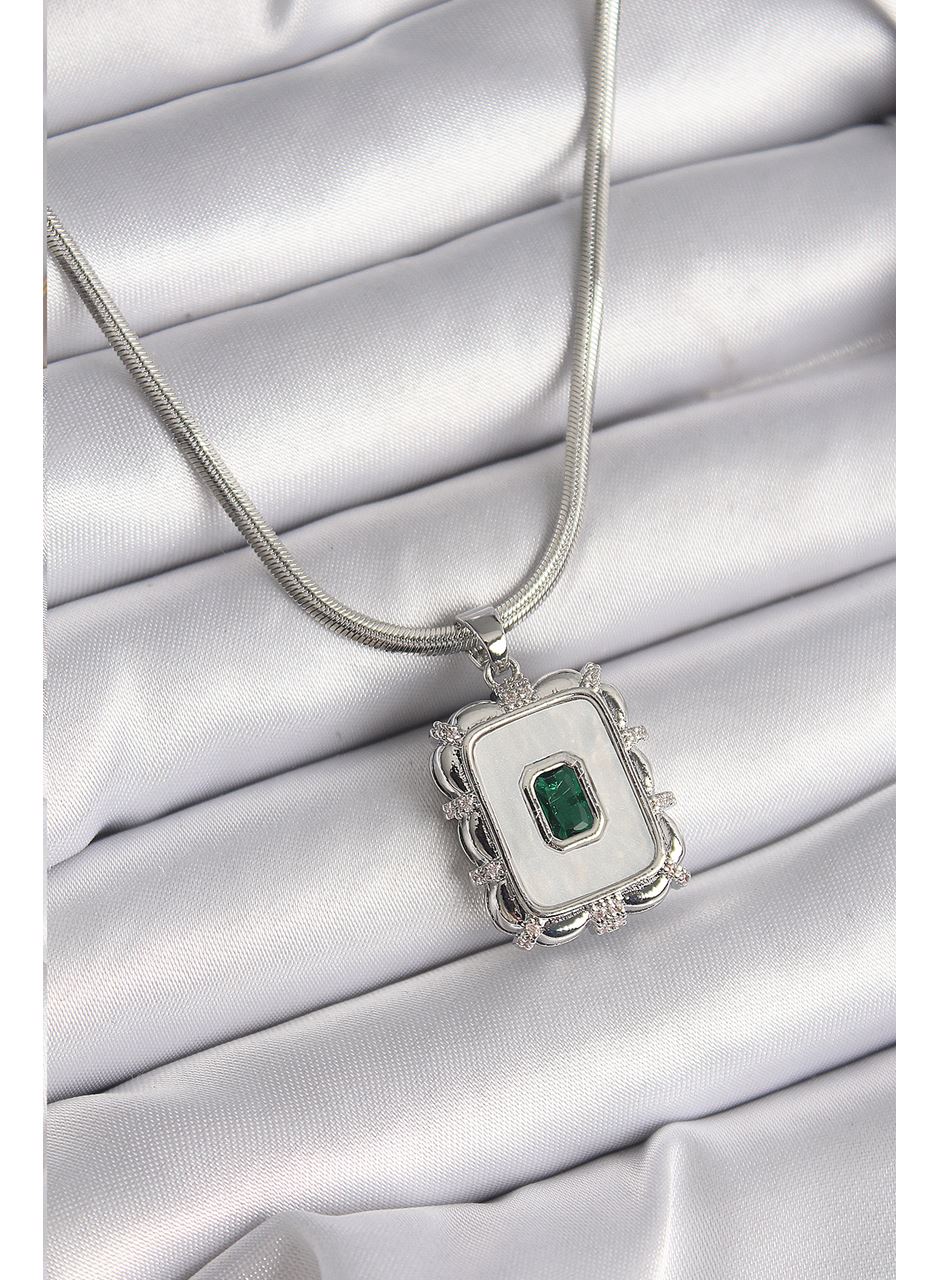 316L Çelik Gümüş Renk İtalyan Zincir Beyaz Sedefli Kare Portre Model Zümrüt Taş Detay Kadın Kolye