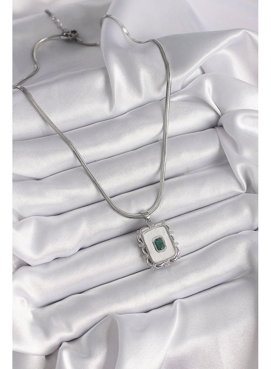 316L Çelik Gümüş Renk İtalyan Zincir Beyaz Sedefli Kare Portre Model Zümrüt Taş Detay Kadın Kolye