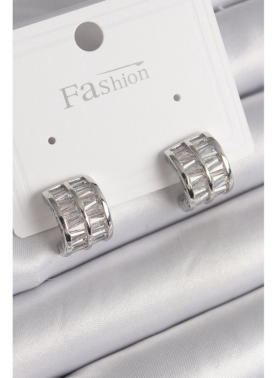 Pirinç Gümüş Renk Çift Sıra Zirkon Taşlı Kadın Küpe