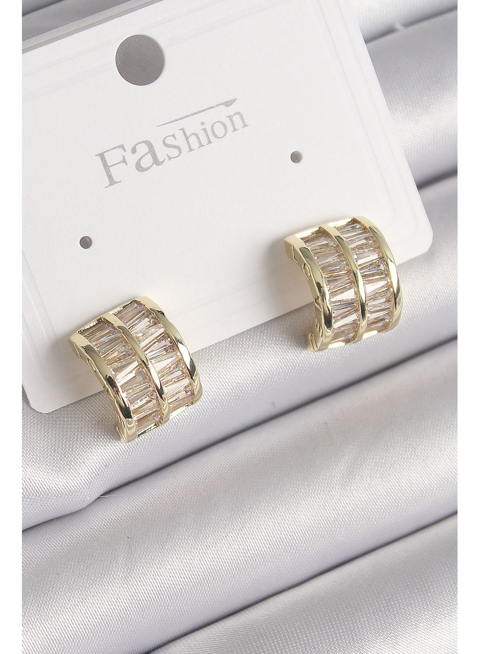 Pirinç Gold Renk Çift Sıra Zirkon Taşlı Kadın Küpe