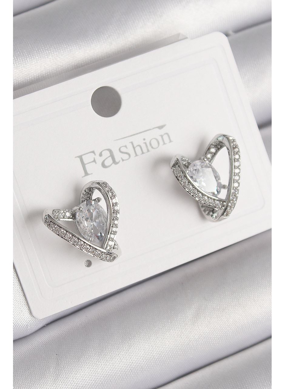 Pirinç Gümüş Renk Zirkon Taşlı Kalp Model Kadın Küpe