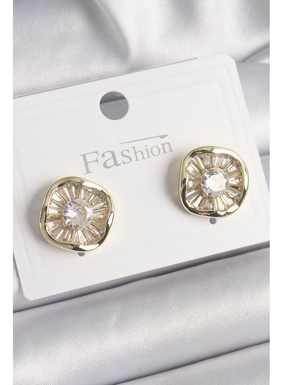 Pirinç Gold Renk Zirkon Taşlı Yonca Model Kadın Küpe