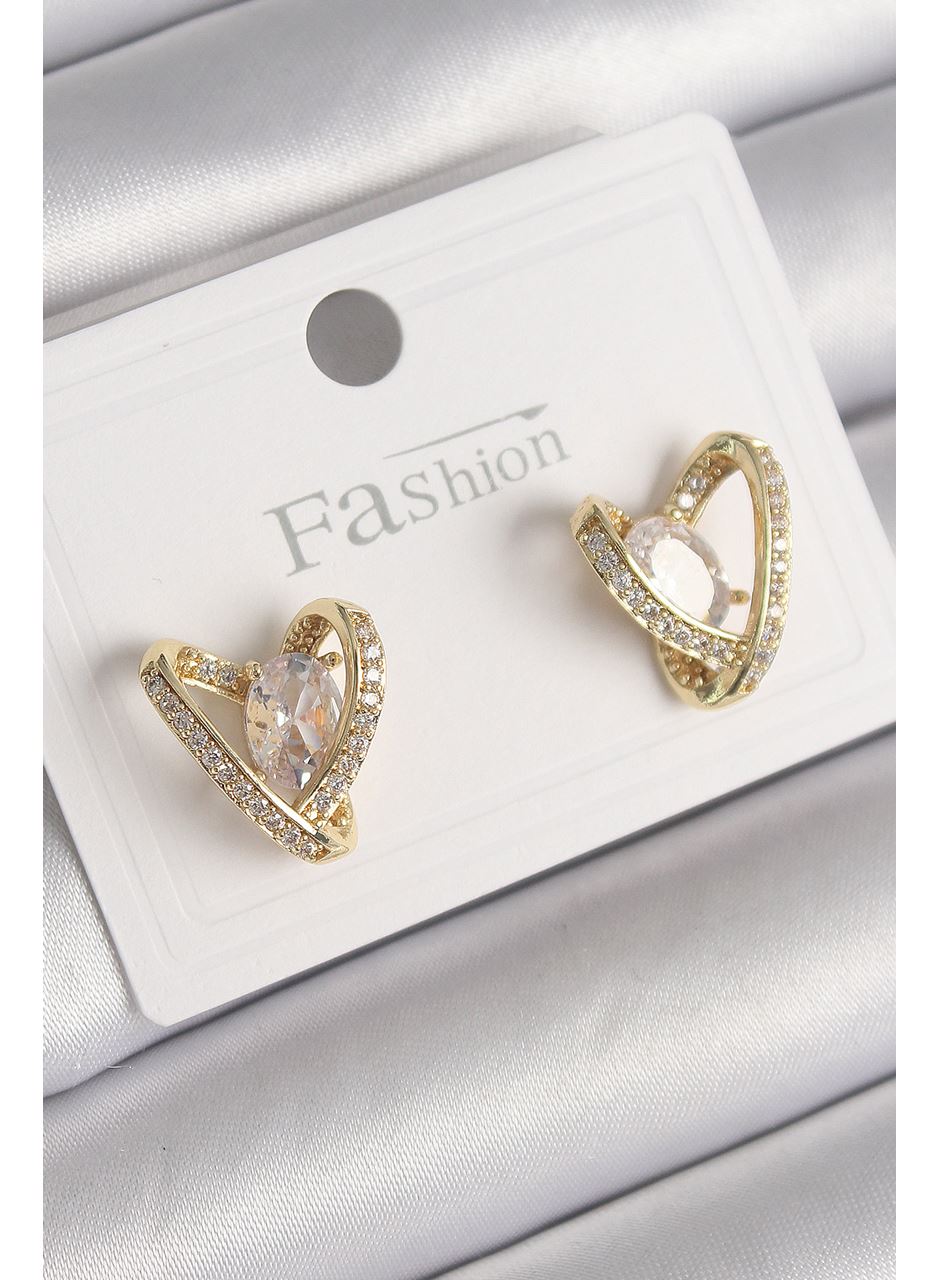 Pirinç Gold Renk Zirkon Taşlı Kalp Model Kadın Küpe