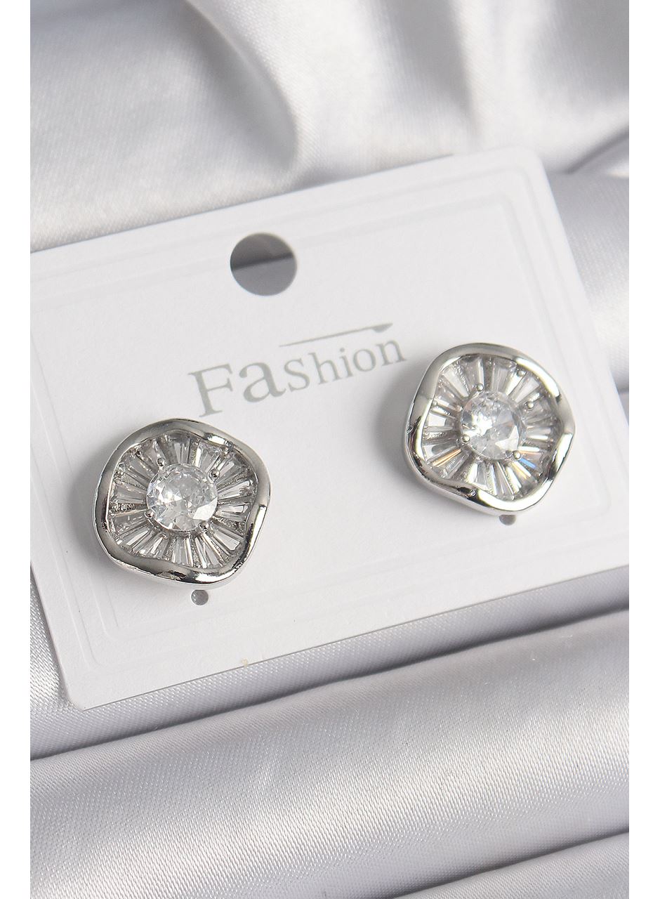 Pirinç Gümüş Renk Zirkon Taşlı Yonca Model Kadın Küpe