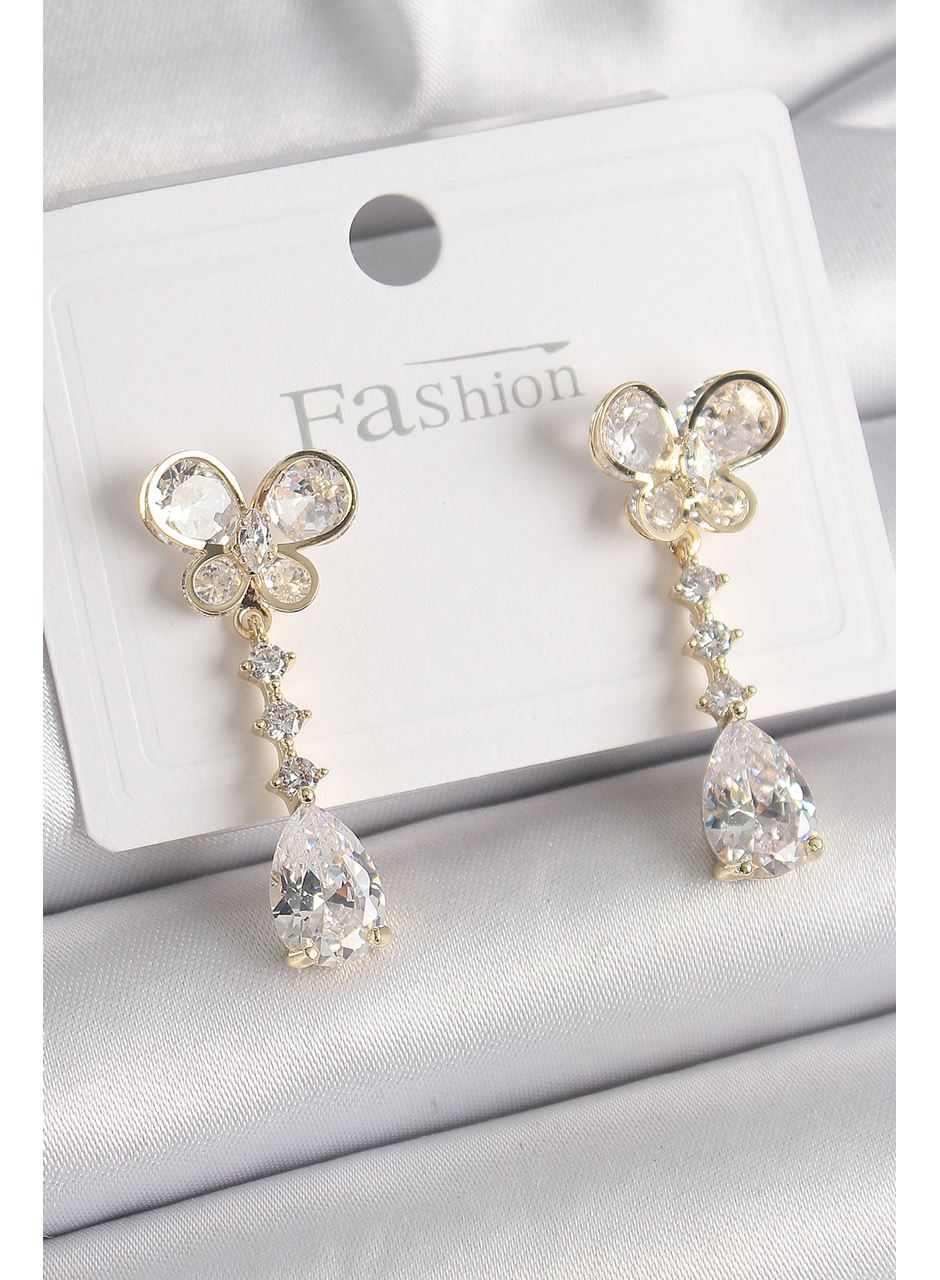 Pirinç Gold Renk Zirkon Taşlı Kelebek Model Sallantı Damla Zirkon Taş Kadın Küpe