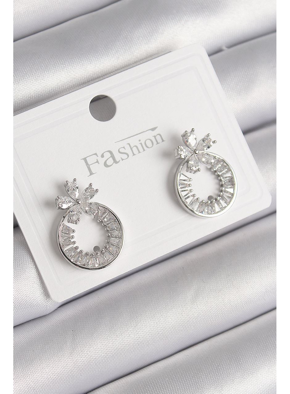 Pirinç Gümüş Renk Zirkon Taşlı Halka Model Çiçek Figür Kadın Küpe