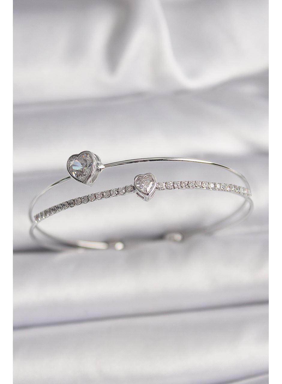 Pirinç Gümüş Renk Zirkon Taşlı Kalp Model Kadın Bileklik