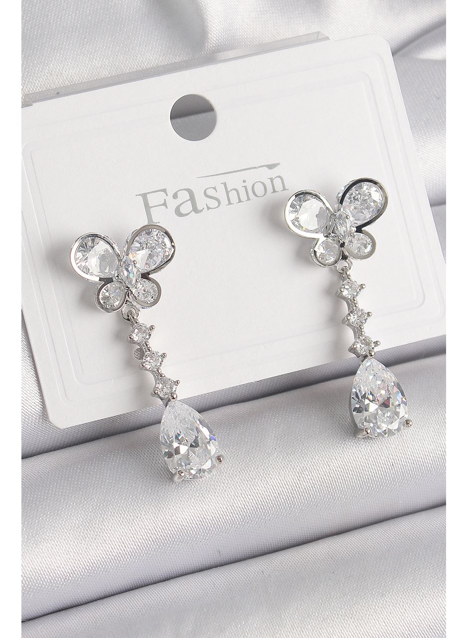 Pirinç Gümüş Renk Kelebek Model Sallantı Damla Zirkon Taşlı Kadın Küpe