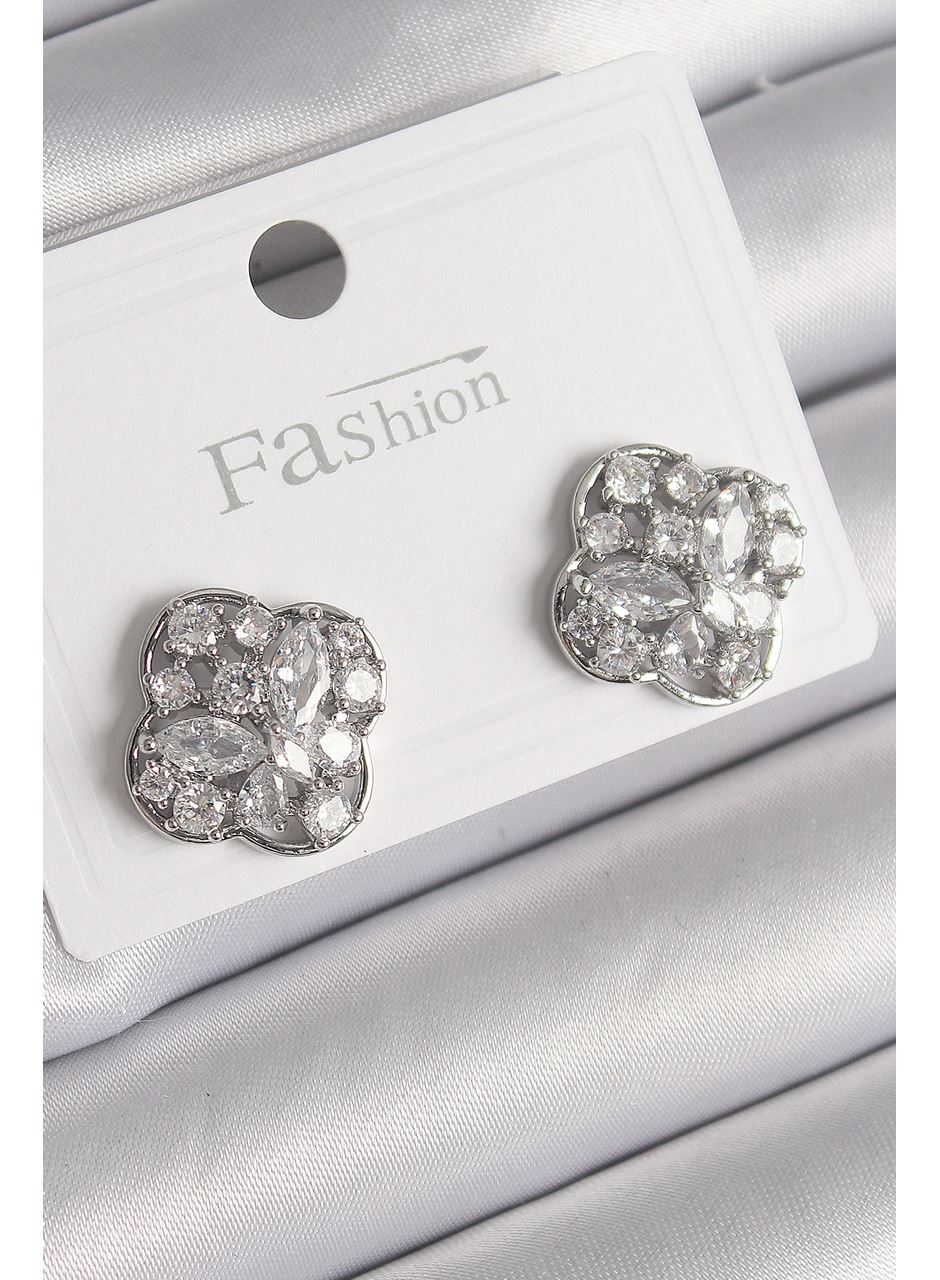 Pirinç Gümüş Renk Zirkon Taşlı Yonca Model Kadın Küpe