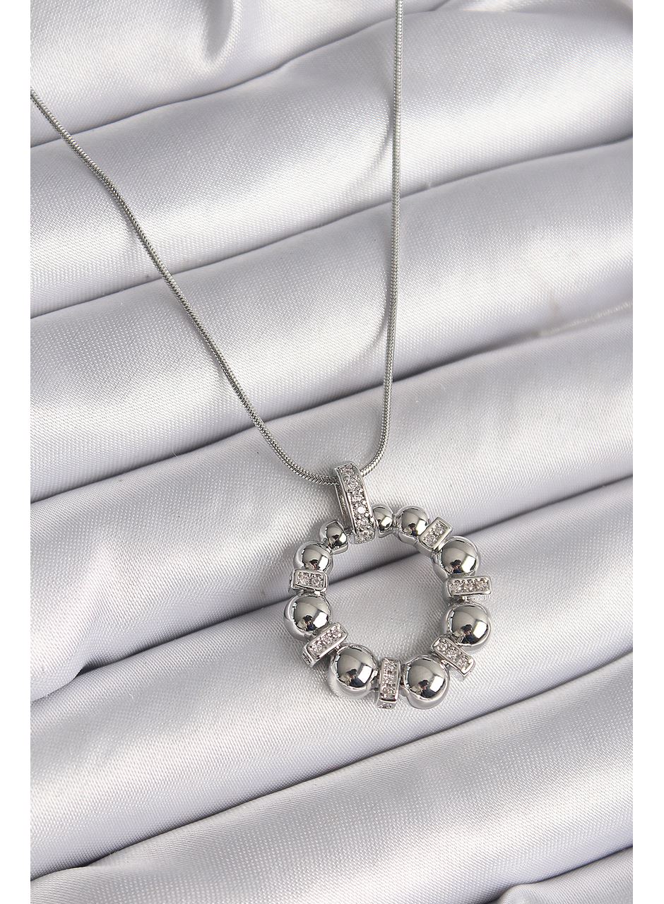 316L Çelik Gümüş Renk Zincir Zirkon Taş Detaylı Bombeli Halka Model Kadın Kolye