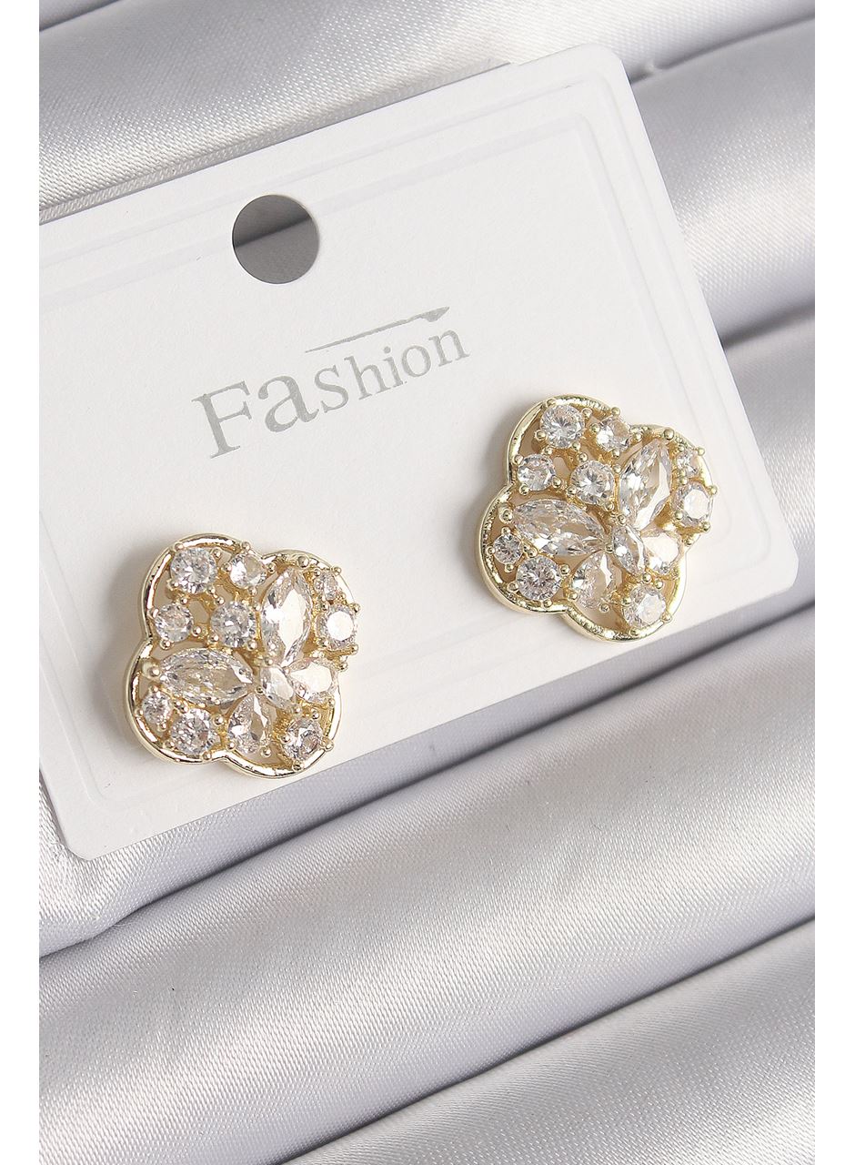 Pirinç Gold Renk Zirkon Taşlı Yonca Model Kadın Küpe