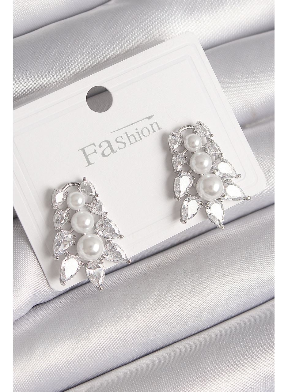 Pirinç Gümüş Renk Zirkon Taşlı Yaprak Model İnci Detay Kadın Küpe