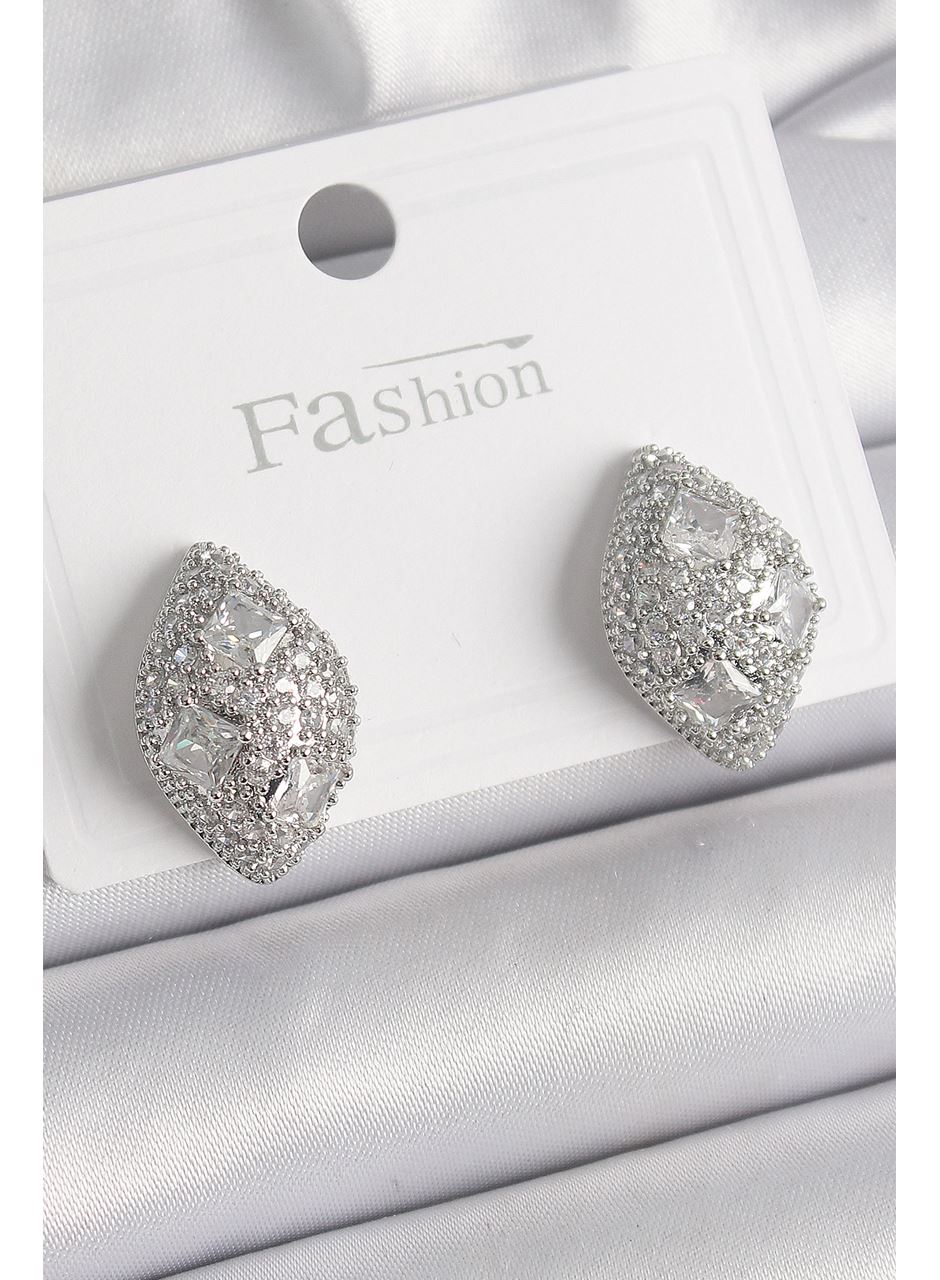 Pirinç Gümüş Renk Zirkon Taş İşlemeli Damla Model Kadın Küpe