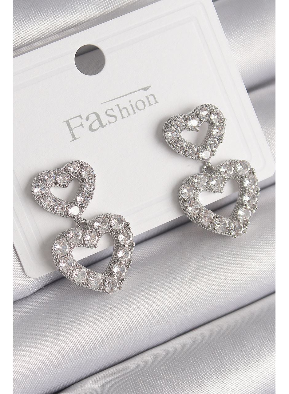 Pirinç Gümüş Renk Zirkon Taşlı Sallantı Kalp Model Kadın Küpe