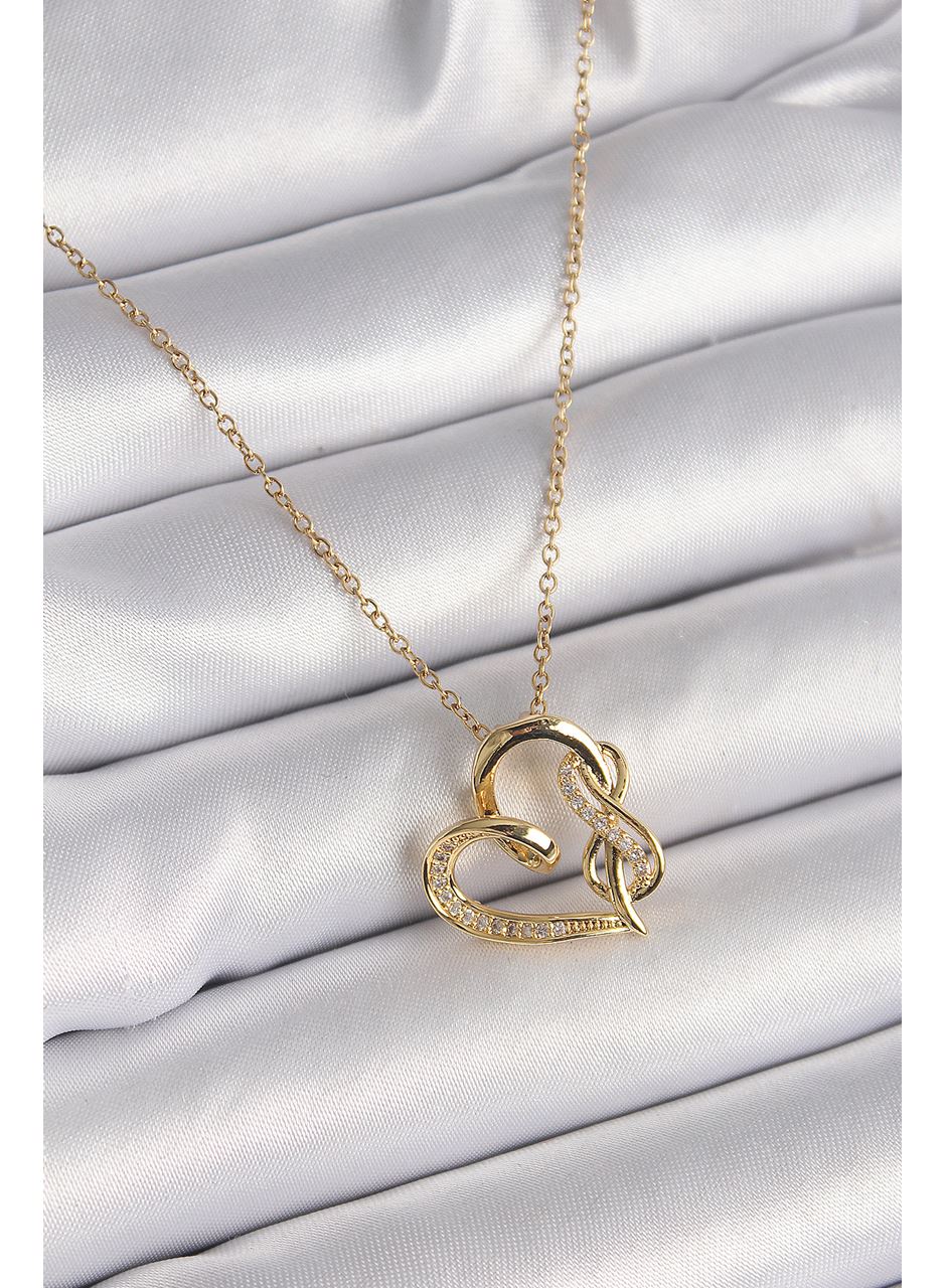 316L Çelik Gold Renk Zincir Zirkon Taş Detaylı Kalp Model Sonsuzluk Detay Kadın Kolye