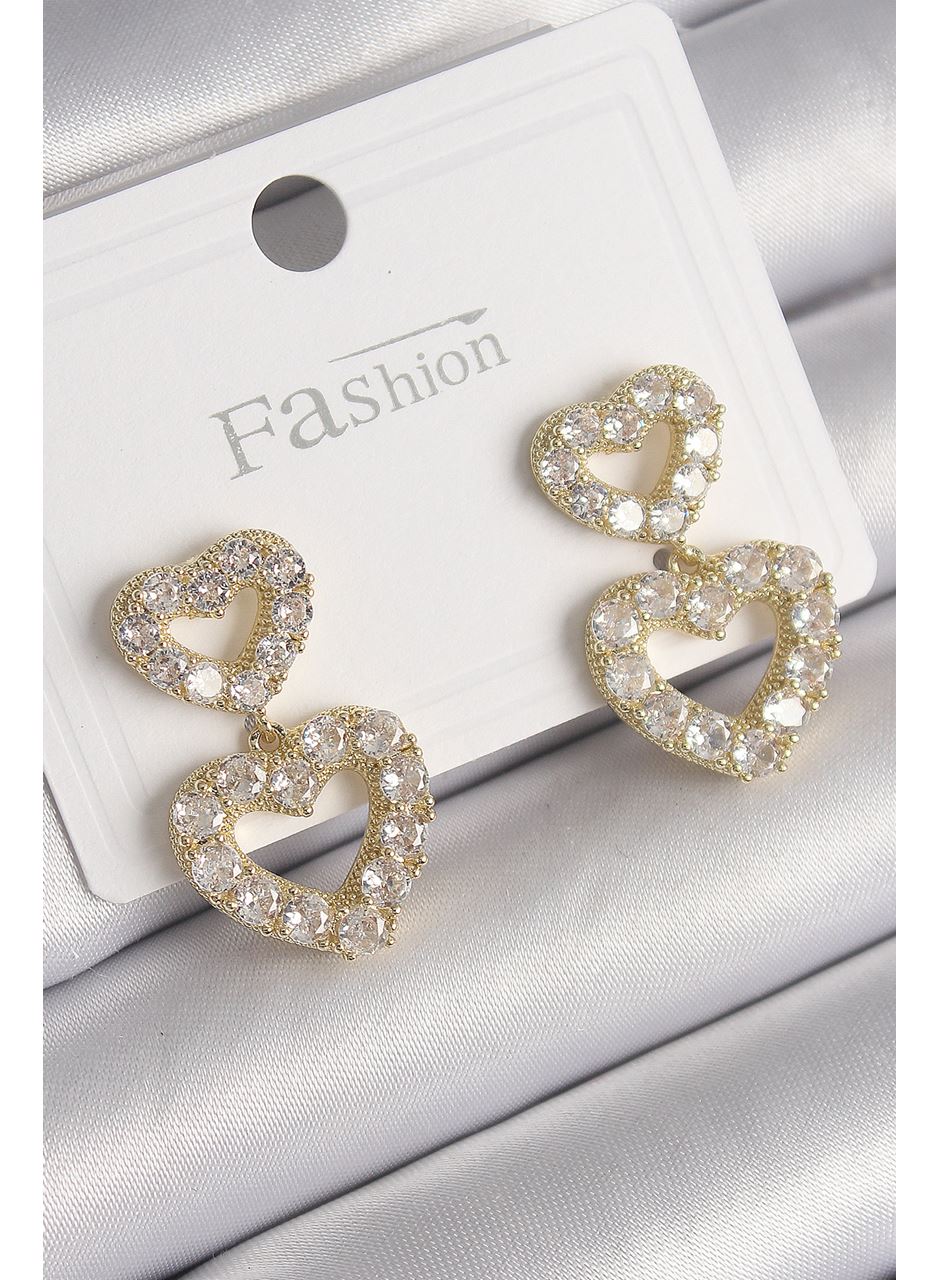 Pirinç Gold Renk Zirkon Taşlı Sallantı Kalp Model Kadın Küpe