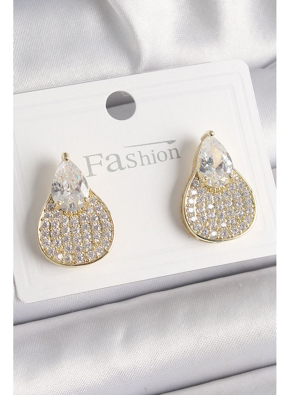 Pirinç Gold Renk Zirkon Taşlı Damla Model Kadın Küpe