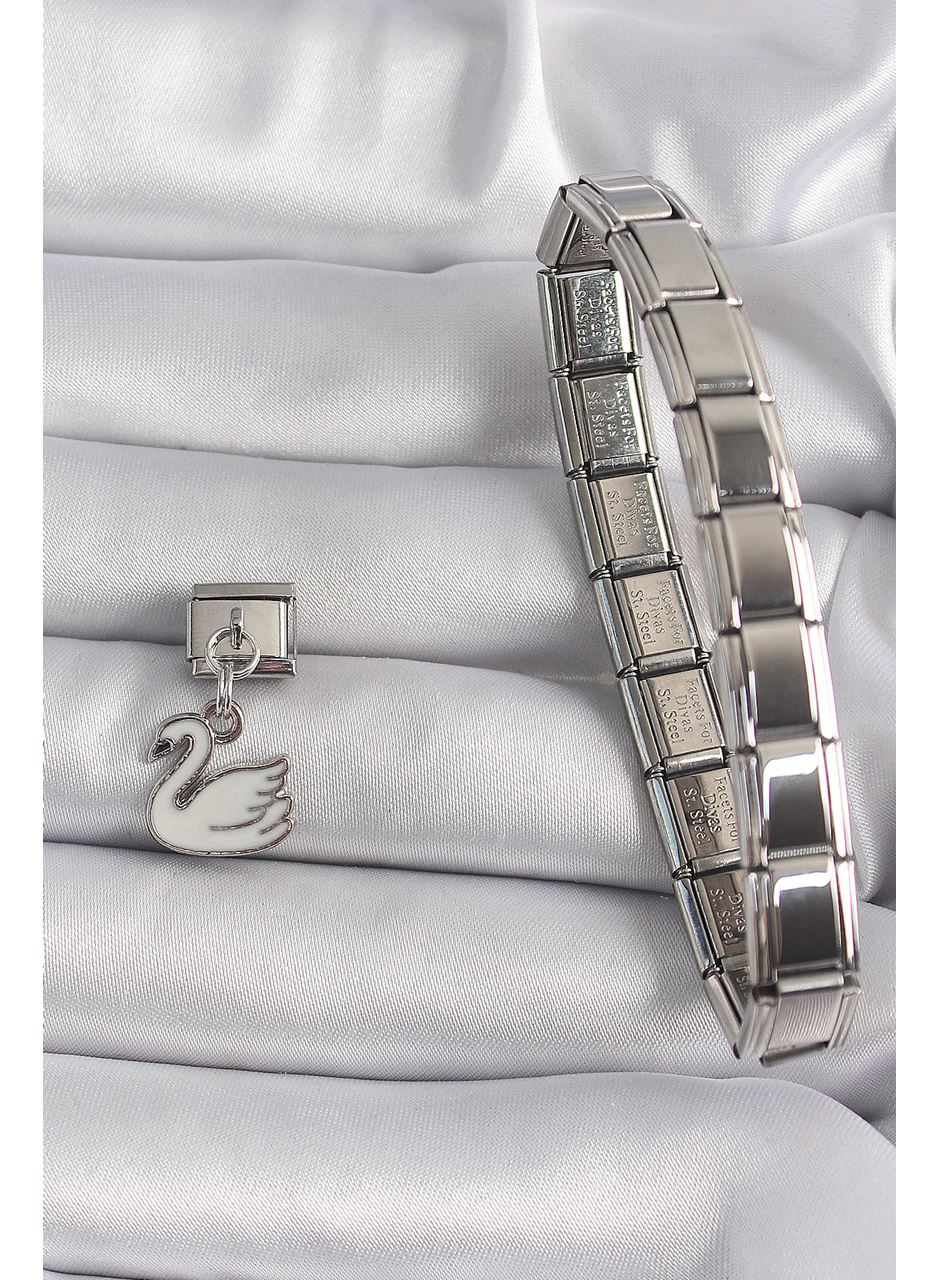 316L Çelik Gümüş Renk Sallantı Beyaz Kuğu Model Nomination Charm