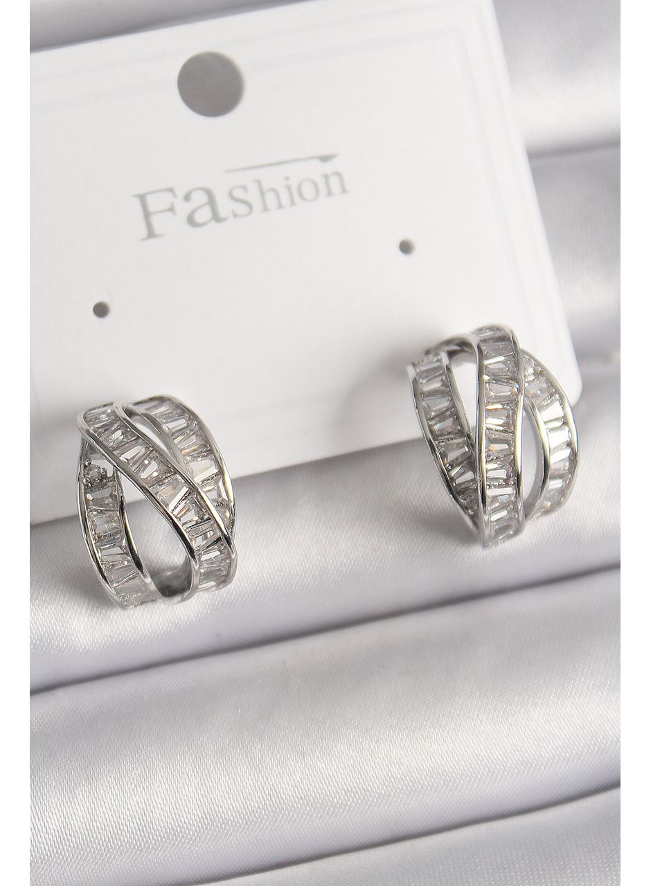 Pirinç Gümüş Renk Zirkon Taşlı Düğüm Halka Model Kadın Küpe