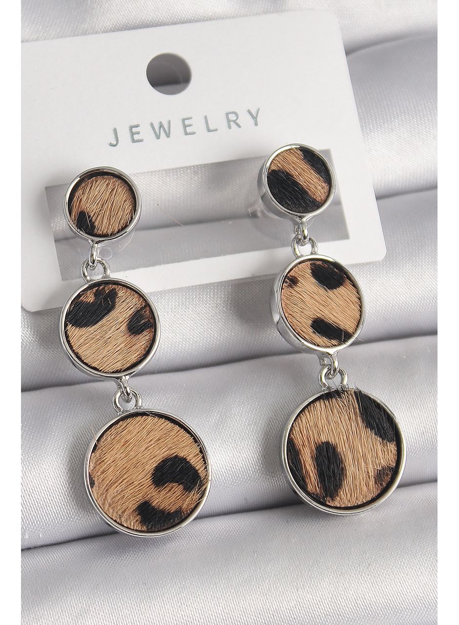 Pirinç Gümüş Renk 3'Lü Daire Plaka Leopar Desenli Kadın Küpe