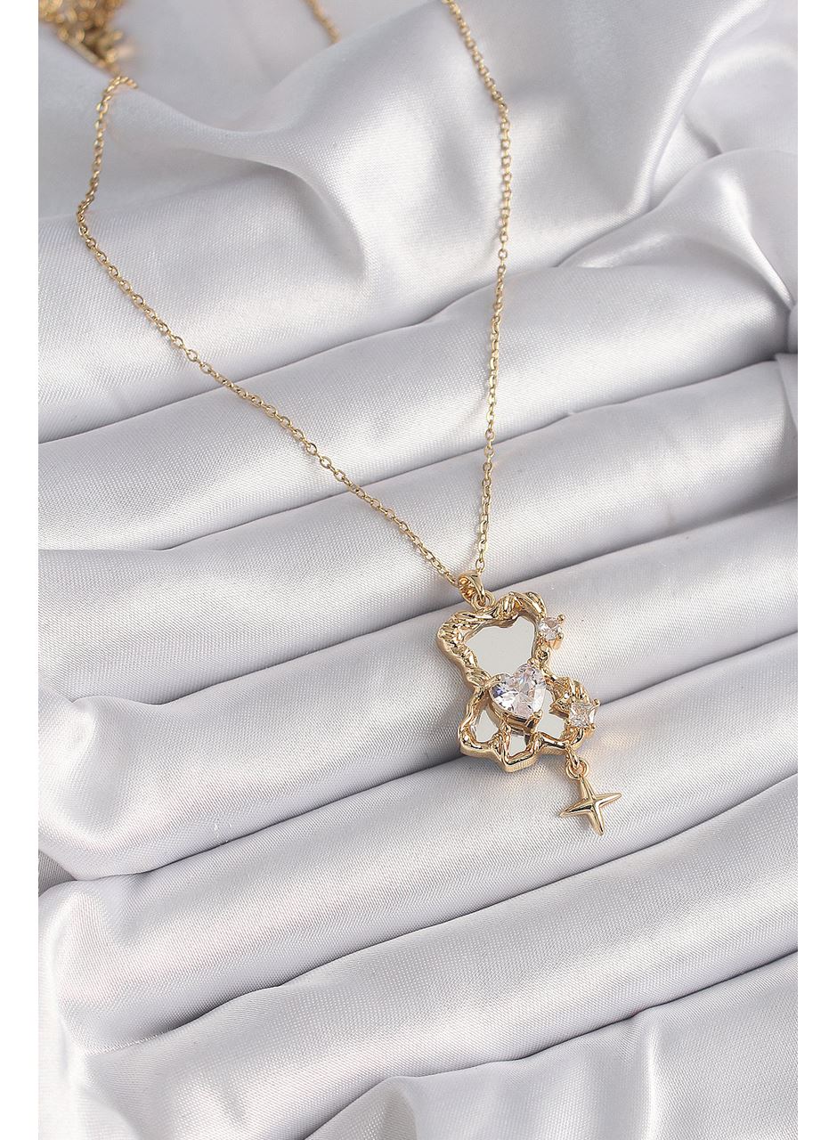 316L Çelik Gold Renk Zincir Ayna Ayıcık Model Zirkon Taşlı Kalp Model Kadın Kolye