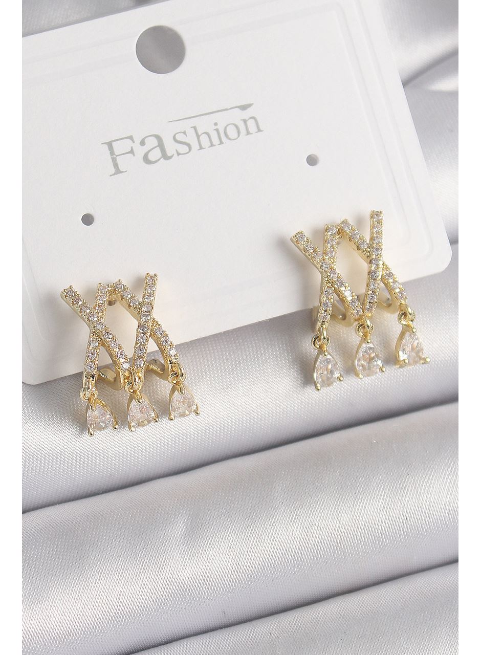 Pirinç Gold Renk Zirkon Taşlı X Model Sallantı Detay Kadın Küpe