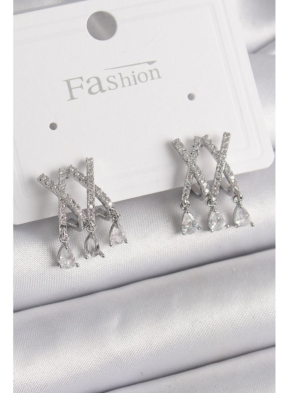 Pirinç Gümüş Renk Zirkon Taşlı X Model Sallantı Detay Kadın Küpe