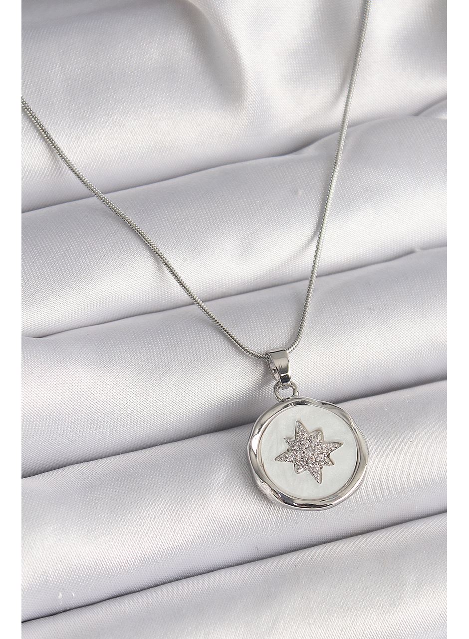 316L Çelik Gümüş Renk Zincir Beyaz Sedefli Zirkon Taşlı Yıldız İşleme Model Kadın Kolye