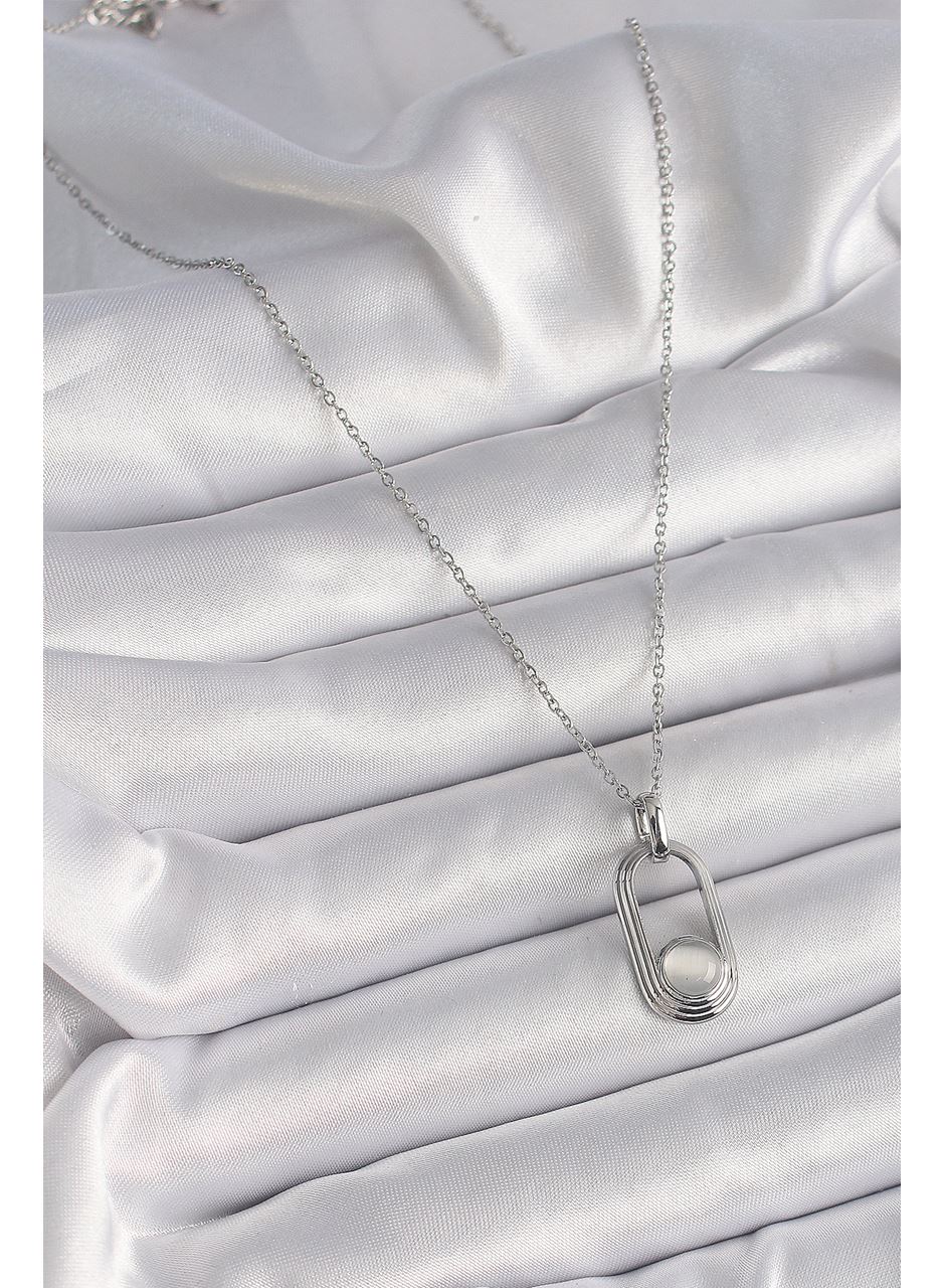 316L Çelik Gümüş Renk Zincir Beyaz Kedi Göz Model Kadın Kolye