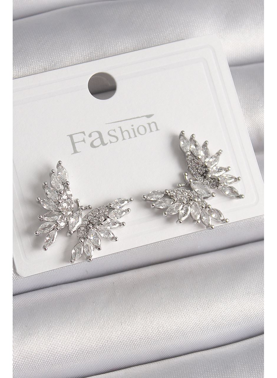 Pirinç Gümüş Renk Zirkon Taşlı Kelebek Model Kadın Küpe