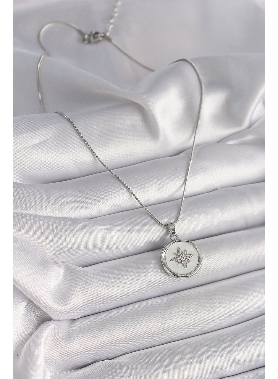 316L Çelik Gümüş Renk Zincir Beyaz Sedefli Zirkon Taşlı Yıldız İşleme Model Kadın Kolye