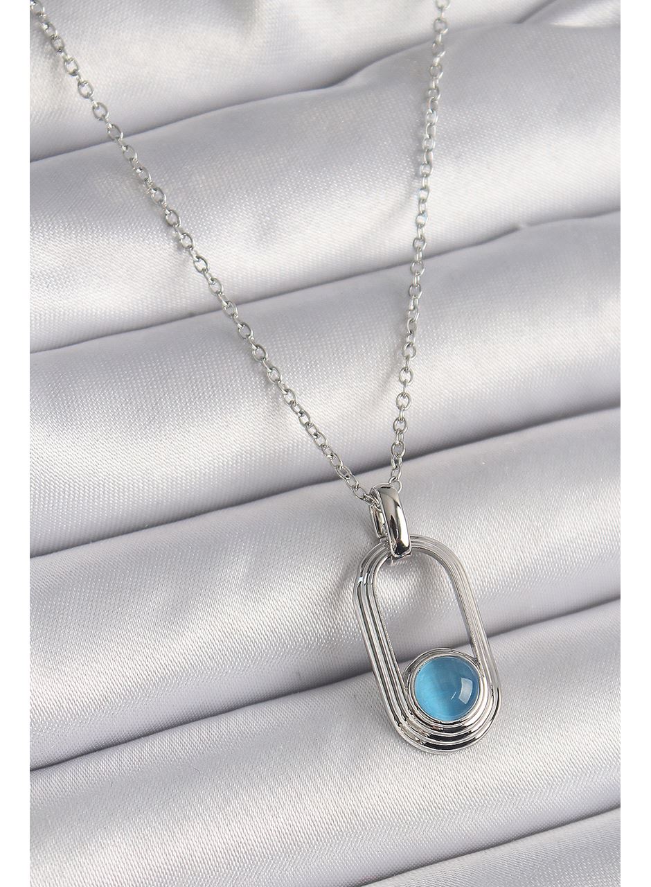 316L Çelik Gümüş Renk Zincir Mavi Kedi Göz Model Kadın Kolye