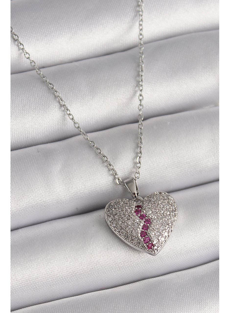 316L Çelik Gümüş Renk Zincir Zirkon Taşlı Kalp Model Kadın Kolye