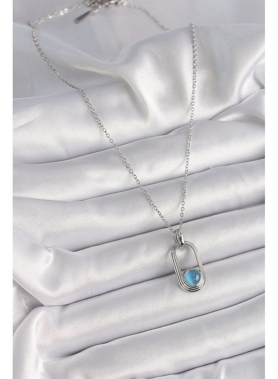 316L Çelik Gümüş Renk Zincir Mavi Kedi Göz Model Kadın Kolye