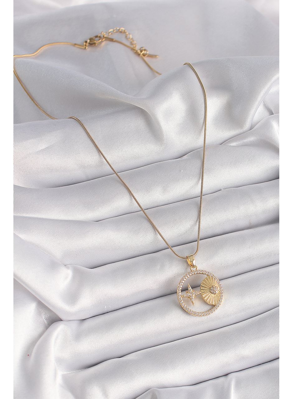 316L Çelik Gold Renk Zincir Zirkon Taşlı Yıldız İşleme Madalyon Model Kadın Kolye