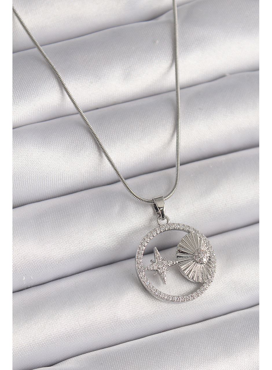 316L Çelik Gümüş Renk Zincir Zirkon Taşlı Yıldız Madalyon Model Kadın Kolye