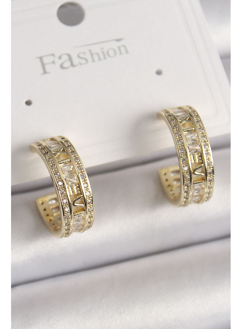 Pirinç Gold Renk Zirkon Taşlı İşleme Detay Halka Model Kadın Küpe